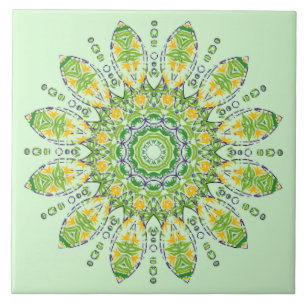 Verzierte grüne gelbe Mandala 2 Fliese