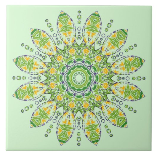 Verzierte grüne gelbe Mandala 2 Fliese (Vorderseite)
