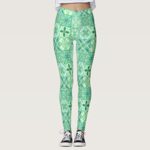Verzierte grüne und weiße Fliesen Leggings