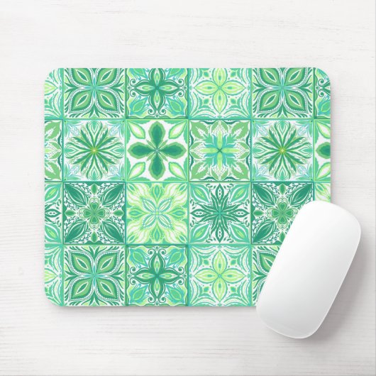 Verzierte grüne und weiße Fliesen Mousepad (Mit Mouse)