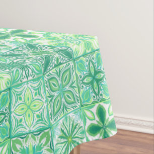 Verzierte grüne und weiße Fliesen Tischdecke