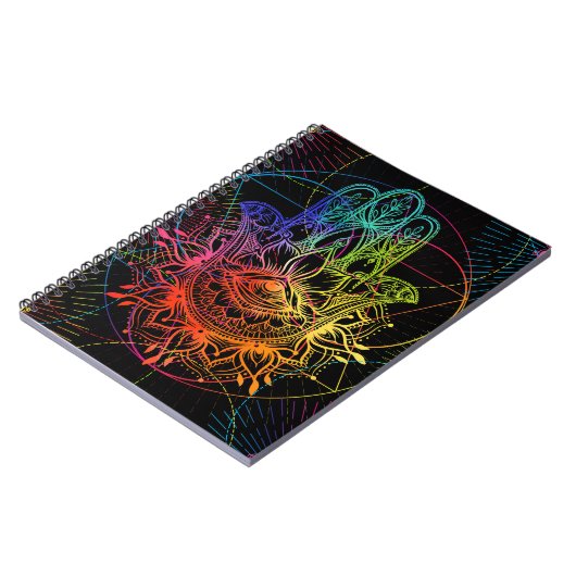 Verzierte Hamsa: handgezeichnet Neonmuster. Notizblock (Linke Seite)