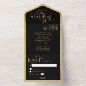 Verzierte Hochzeit in Schwarz-Gold All In One Einladung (Innen Boden)