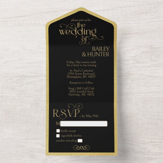 Verzierte Hochzeit in Schwarz-Gold All In One Einladung (Innen Boden)