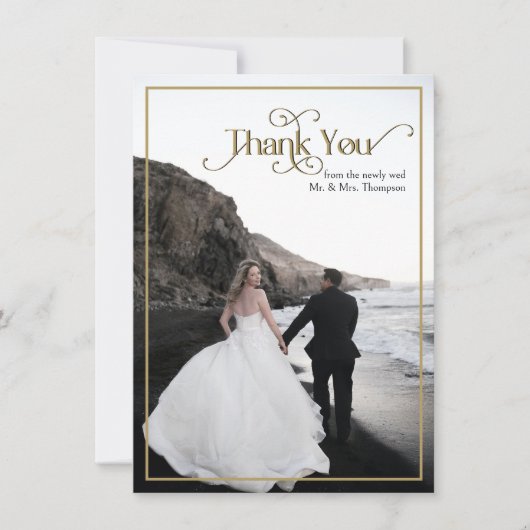 Verzierte Hochzeit in Schwarz-Gold Dankeskarte (Vorderseite)