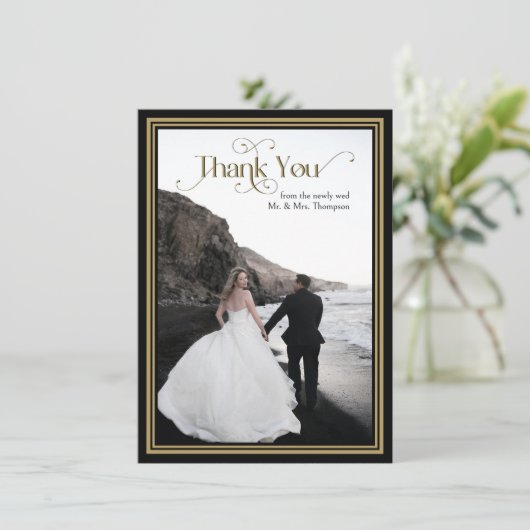Verzierte Hochzeit in Schwarz-Gold Dankeskarte (Stehend Vorderseite)