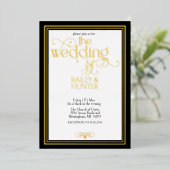 Verzierte Hochzeit in Schwarz-Gold Folieneinladung (Stehend vorne)