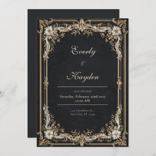 Verzierte Hochzeit in Schwarz und Gold Einladung (Vorne/Hinten)