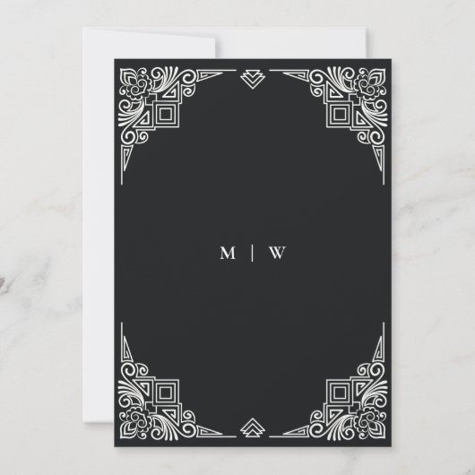 Verzierte Hochzeit in Schwarz-Weiß-Art-Déco Einladung (Rückseite)