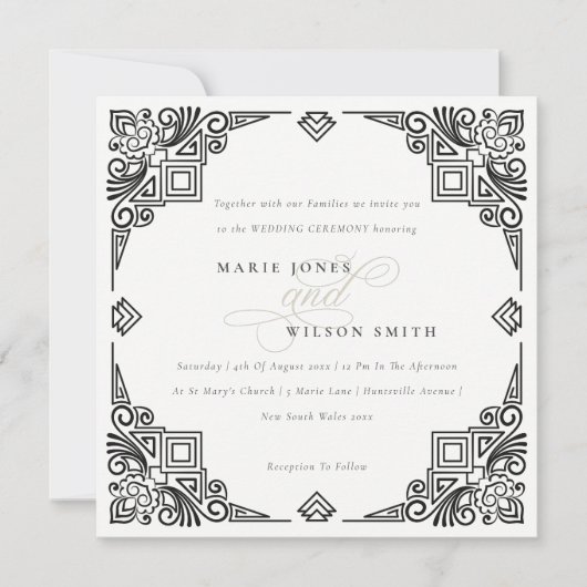 Verzierte Hochzeit in Schwarz-Weiß-Art-Déco Einladung (Vorderseite)