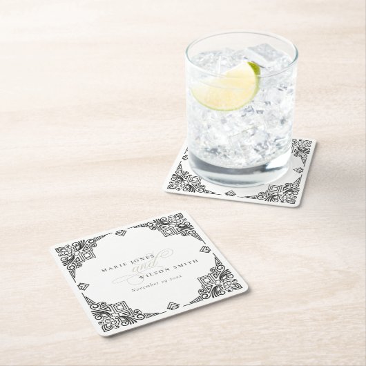 Verzierte Hochzeit in Schwarz-Weiß-Art-Déco Rechteckiger Pappuntersetzer (Vor Ort)