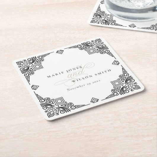 Verzierte Hochzeit in Schwarz-Weiß-Art-Déco Rechteckiger Pappuntersetzer (angewinkelt)