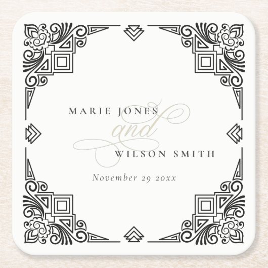 Verzierte Hochzeit in Schwarz-Weiß-Art-Déco Rechteckiger Pappuntersetzer (Vorderseite)