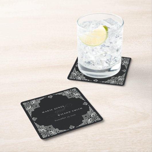 Verzierte Hochzeit in Schwarz-Weiß-Art-Déco Rechteckiger Pappuntersetzer (Vor Ort)