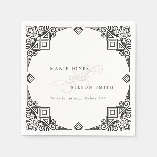 Verzierte Hochzeit in Schwarz-Weiß-Art-Déco Serviette (Vorderseite)