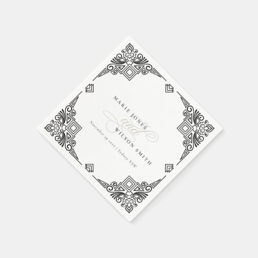 Verzierte Hochzeit in Schwarz-Weiß-Art-Déco Serviette (Ecke)