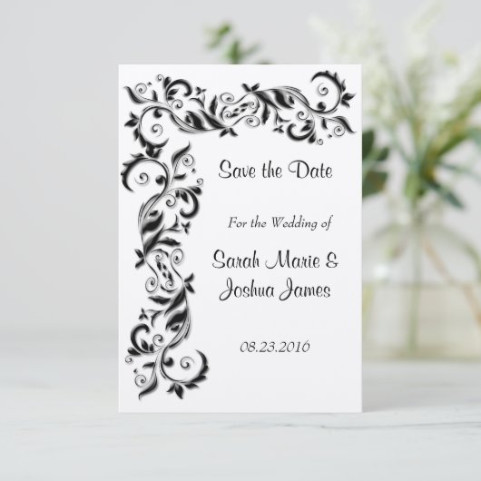Verzierte Hochzeit mit Schwarz und Weiß Save The Date (Stehend Vorderseite)