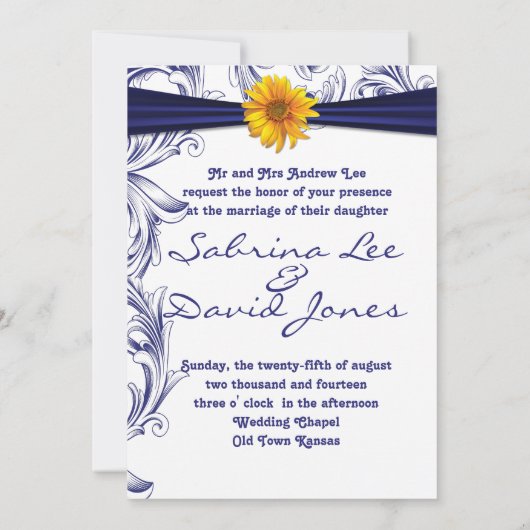 Verzierte Hochzeit von Royal Blue und Gelb Einladung (Rückseite)