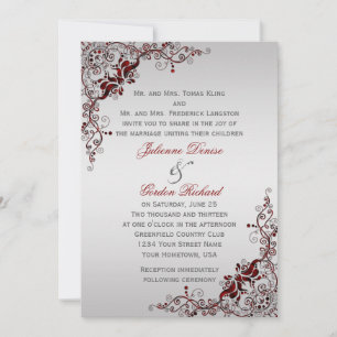 Verzierte Hochzeiten in Deep Red and Silver Floral Einladung