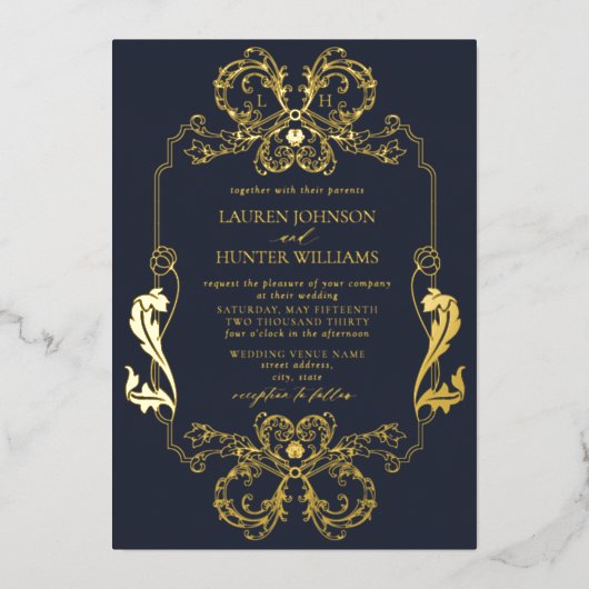 Verzierte Hochzeitsfeier mit blauer Blütenlinie Folieneinladung (Vorderseite)