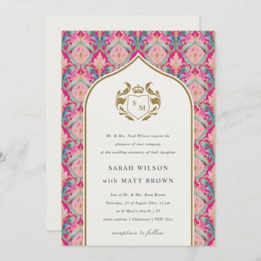 Verzierte Hot Pink Gold Klassik Blumenlaurel Hochz Einladung (Vorne/Hinten)