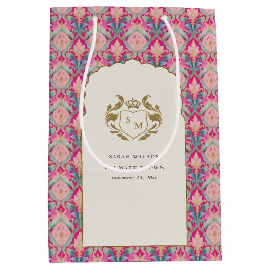 Verzierte Hot Pink Gold Klassik Blumenlaurel Hochz Mittlere Geschenktüte (Vorderseite)