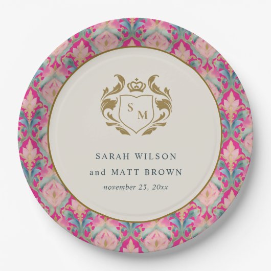 Verzierte Hot Pink Gold Klassik Blumenlaurel Hochz Pappteller (Vorderseite)