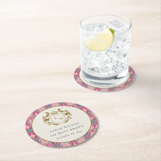 Verzierte Hot Pink Gold Klassik Blumenlaurel Hochz Runder Pappuntersetzer (Vor Ort)