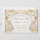 Verzierte islamische Arch-Hochzeit in Weiß und Gol Einladung (Rückseite)