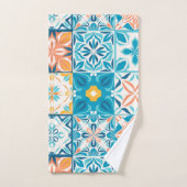 Verzierte Kacheln in Blau und Orange Badhandtuch Set (Handtuch)