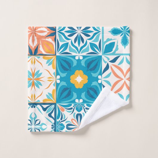 Verzierte Kacheln in Blau und Orange Badhandtuch Set (Waschlappen)