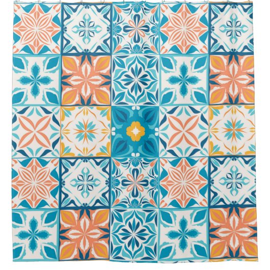 Verzierte Kacheln in Blau und Orange Duschvorhang (Vorderseite)