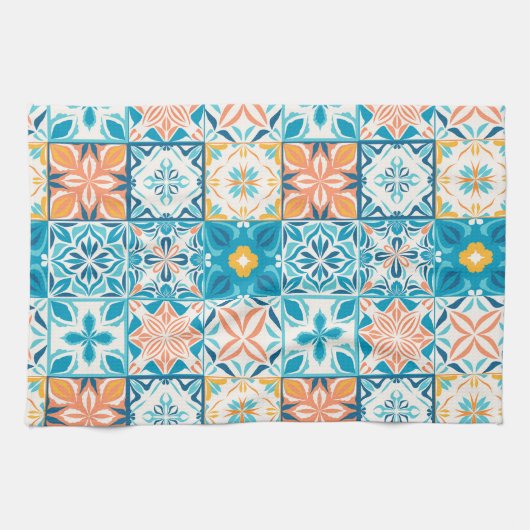 Verzierte Kacheln in Blau und Orange Geschirrtuch (Horizontal)