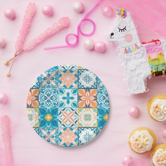 Verzierte Kacheln in Blau und Orange Pappteller (Party)