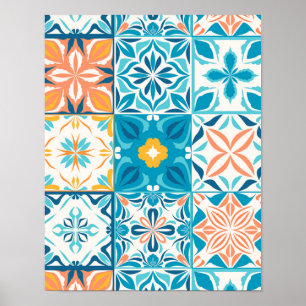 Verzierte Kacheln in Blau und Orange Poster