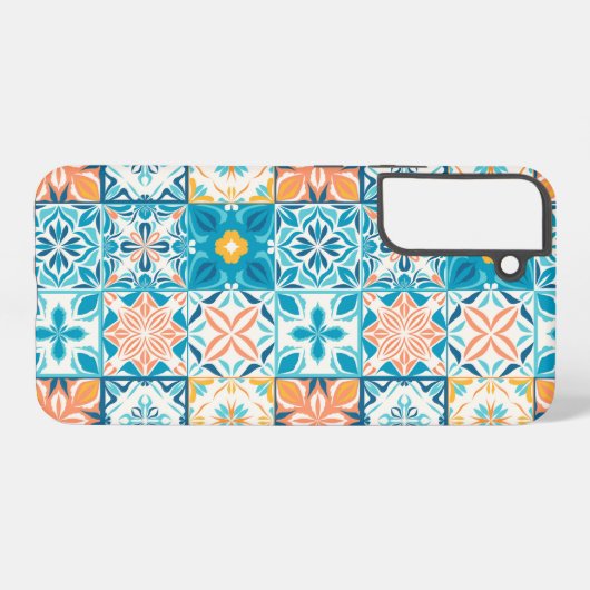 Verzierte Kacheln in Blau und Orange Samsung Galaxy Hülle (Rückseite (Horizontal))