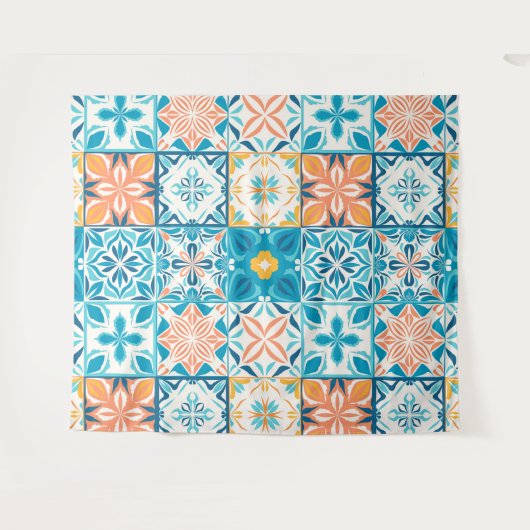 Verzierte Kacheln in Blau und Orange Wandteppich (Vorderseite (Horizontal))