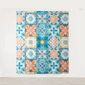 Verzierte Kacheln in Blau und Orange Wandteppich (Vorderseite)