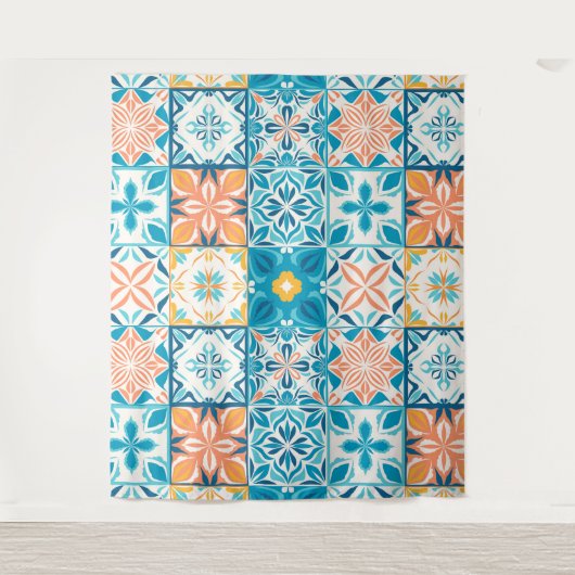 Verzierte Kacheln in Blau und Orange Wandteppich (Vorderseite)