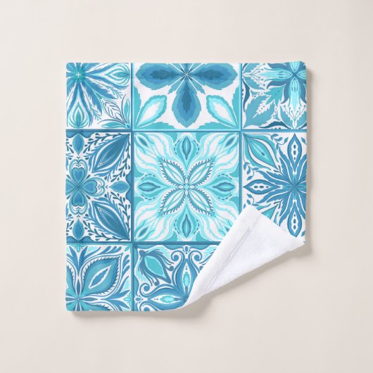 Verzierte Kacheln in Blau und Weiß Badhandtuch Set (Waschlappen)