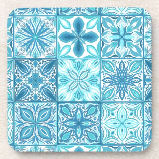 Verzierte Kacheln in Blau und Weiß Getränkeuntersetzer (Vorderseite)