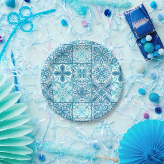 Verzierte Kacheln in Blau und Weiß Pappteller (Party)