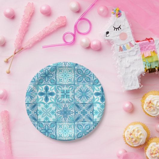 Verzierte Kacheln in Blau und Weiß Pappteller (Party)