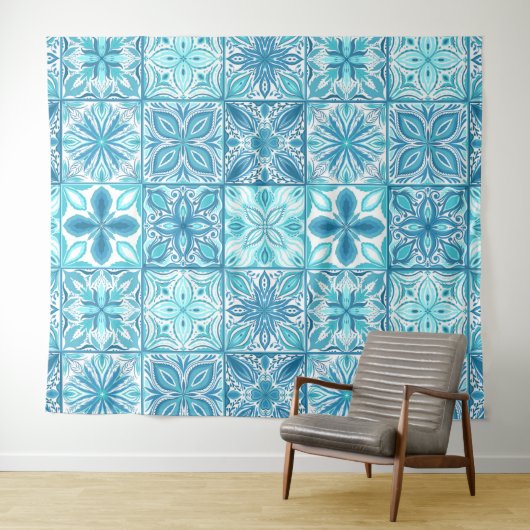 Verzierte Kacheln in Blau und Weiß Wandteppich (Beispiel (Horizontal))