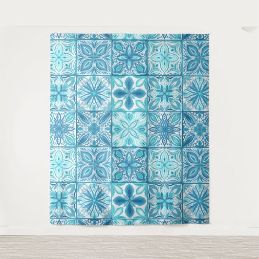Verzierte Kacheln in Blau und Weiß Wandteppich (Vorderseite)