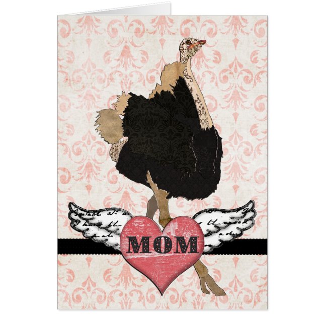 Verzierte Karte der Ostrich-Rosa-Damast-Mutter (Vorne)