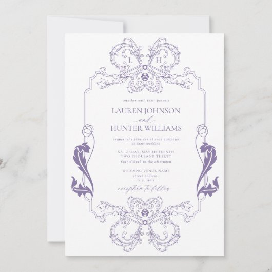 Verzierte Lavendel-Blumen-Linie Art Mongram Hochze Einladung (Vorderseite)