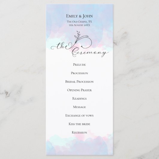 Verzierte Leaf Black Script Pastel Watercolor Wedd Programm (Vorderseite)