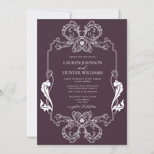 Verzierte Lila Blumenstrauß Art Mongram Hochzeit Einladung (Vorderseite)
