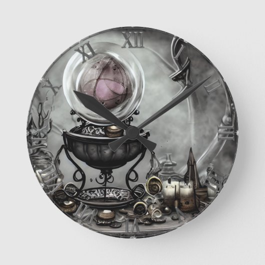 Verzierte Lila Kristallkugel- und Hexenkunstwaren Runde Wanduhr (Vorderseite)